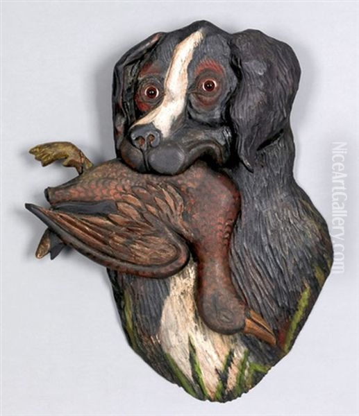 Plaque Of A Hunting Dog With A Duck Oil Painting by Noah Weiss