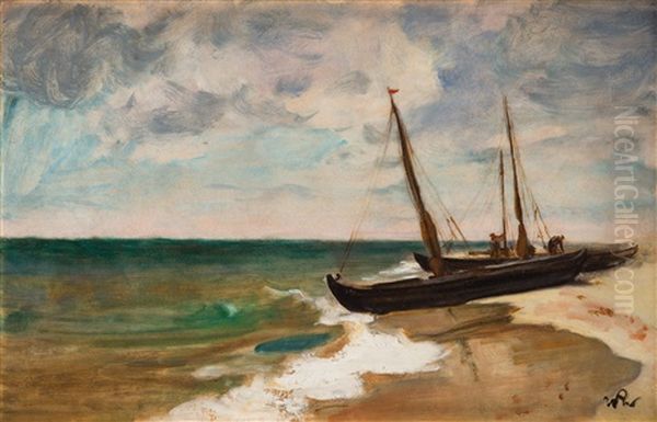 Fishermen Boats On The Sea Shore Oil Painting by Wojciech Weiss