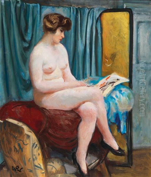 Female Nude Reading By A Blue Curtain Oil Painting by Wojciech Weiss