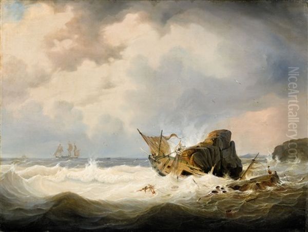 Shipwreck By A Rocky Coastline Oil Painting by Johann Baptist Weiss