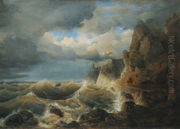 Stormy Coast Oil Painting by Johann Baptist Weiss