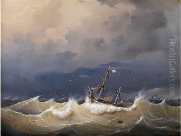 Sturmische See Mit In Wellen Kampfendem Segelschiff Oil Painting by Johann Baptist Weiss