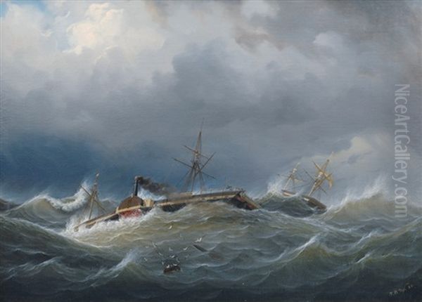 Paddle Steamer And Two Master In Choppy Sea Oil Painting by Johann Baptist Weiss