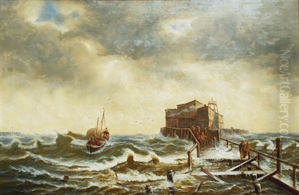 Fishing Boat In Stormy Seas by Johann Baptist Weiss