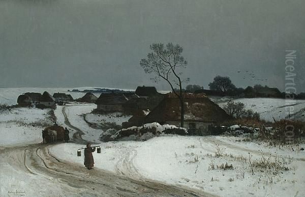 A Figure In An Extensive Winter Landscape, A Village Beyond Oil Painting by Walery Brochocki