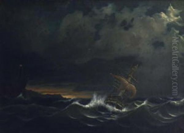 Segelschiff In Sturmischer See Oil Painting by Johann Baptist Weiss