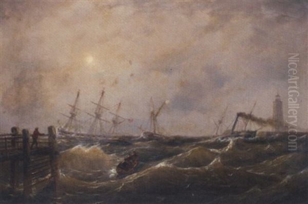 A Heavy Swell At The Harbour Mouth Oil Painting by Johann Baptist Weiss