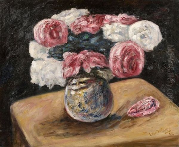 Nature Morte, Vase De Roses Sur Une Table Oil Painting by Leon Weissberg