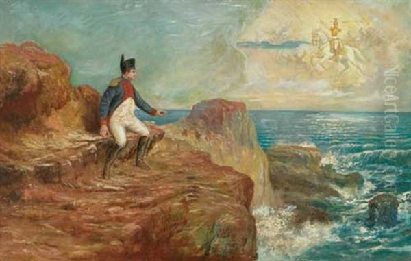 Napoleons Vision. Napoleon In Uniform Auf Felsen Der Steilkuste Von St. Helena Sitzend, Hat Die Vision Eines Kriegsgeschehens, Das Uber Dem Horizont Am Himmel Sichtbar Wird Oil Painting by Rudolf Johann Weisse