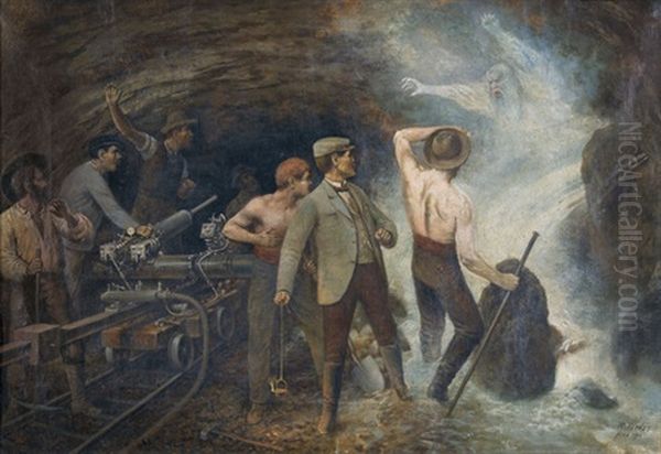 Arbeiter Beim Bau Des Lotschbergtunnels by Rudolf Johann Weisse