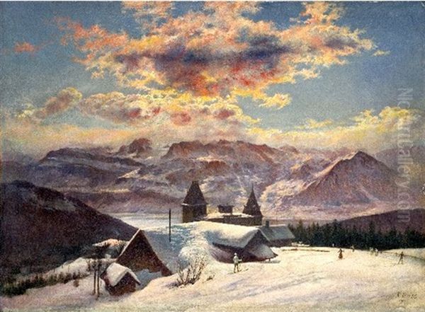 Tombee Du Jour Sur Les Alpes Enneigees Oil Painting by Rudolf Johann Weisse