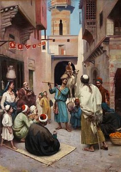 Monsieurs Et Musiciens Dans Une Rue Au Caire Oil Painting by Rudolf Johann Weisse