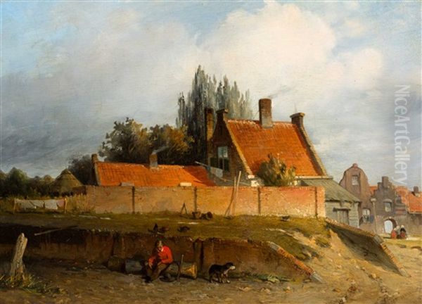 Resting Figure With Dog At The Bleaching Fields (circa 1841-1844) Oil Painting by Jan Weissenbruch