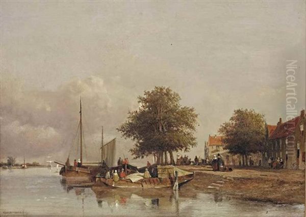 Townfolks On A Quay In Wijk Bij Duurstede Oil Painting by Jan Weissenbruch