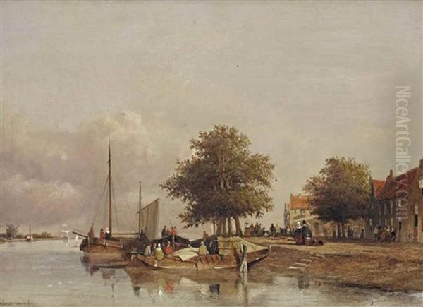 Townfolks On A Quay In Wijk Bij Duurstede Oil Painting by Jan Weissenbruch