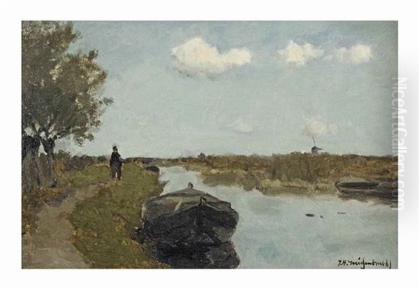 Along The Towpath Oil Painting by Jan Hendrik Weissenbruch