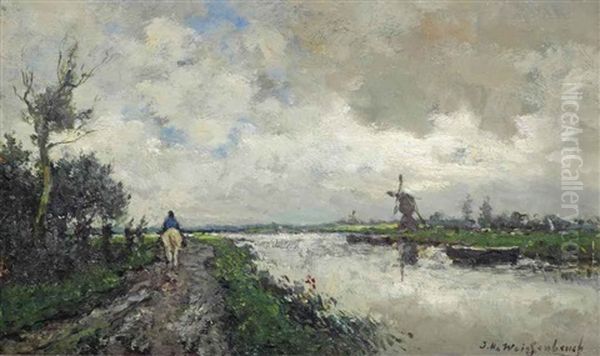 A Polder Landscape With A Windmill And An Equestrian On A Trail Oil Painting by Jan Hendrik Weissenbruch