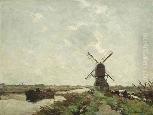 Polder Landscape With A Windmill And Cows Oil Painting by Jan Hendrik Weissenbruch