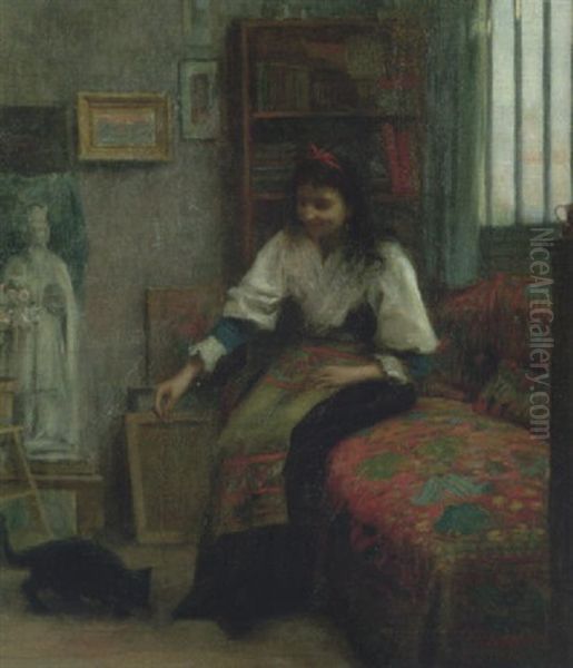 Le Modele Jouant Avec Son Chat Oil Painting by Charles Louis Auguste Weisser