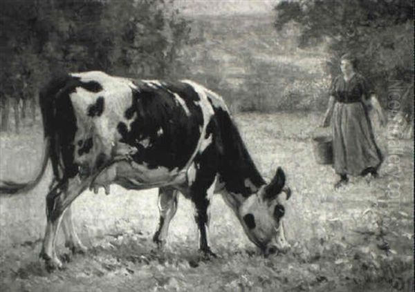 Milkmaid And Fresian Cow In A Meadow Oil Painting by Charles Louis Auguste Weisser