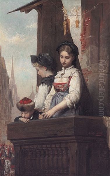 Zwei Hubsche Junge Madchen Und Kleiner Junge In Badischer Tracht Beobachten Vom Balkon Eines Mittelalterlichen Hauses Aus Einen Umzug Mit Soldaten Oil Painting by Adolphe Weisz