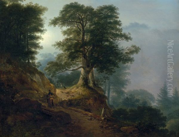 Landschaft Mit Reiter Und Wanderern Auf Einem Waldweg (morgendlandschaft Aus Dem Riesengebirge) Oil Painting by Friedrich Georg Weitsch