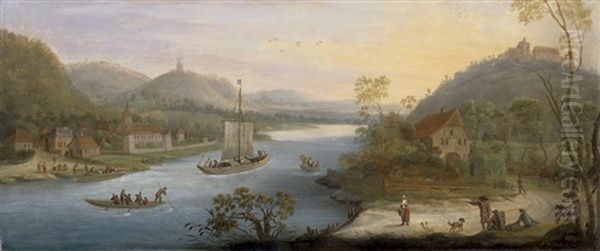 Ideale Flusslandschaft Mit Lastkahn Und Ruderbooten. Oil Painting by Johann Friedrich Weitsch