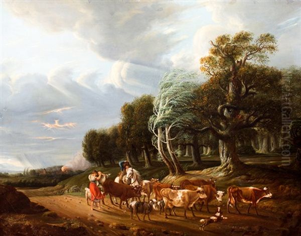 Herders Met Vee In Landschap Met Donder En Bliksem Oil Painting by Johann Friedrich Weitsch