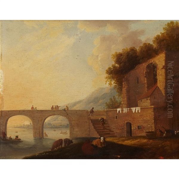 Figures Among Ruins Along An Aqueduct Oil Painting by Johann Friedrich Weitsch