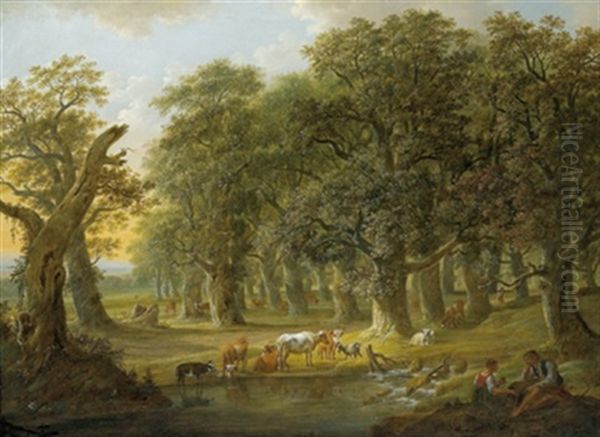 Kuhe Und Figurliche Staffage In Einer Bewaldeten Bachlandschaft Oil Painting by Johann Friedrich Weitsch