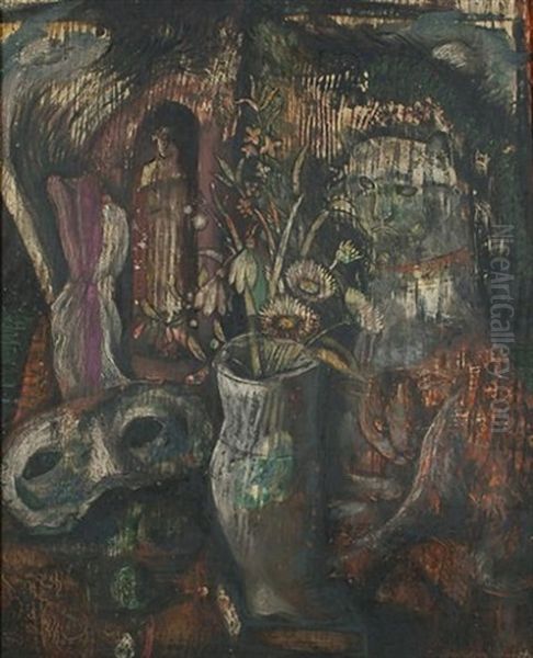 Still Life With Flowers And Cats (+ A Garden Scene, Verso) Oil Painting by Denton Welch