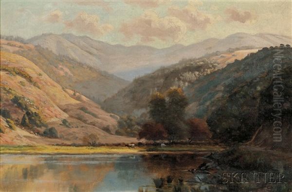 Valley Pasture By A Lake/a California View Oil Painting by Ludmilla Pilat Welch