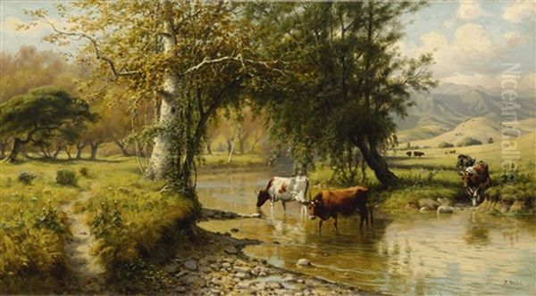 Cattle Watering Under An Oak Tree Oil Painting by Thaddeus Welch