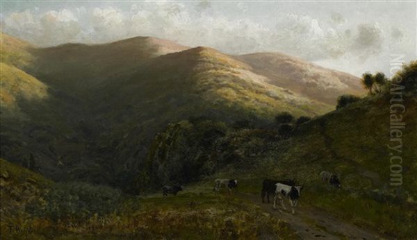 A View With Cows On A Path Oil Painting by Thaddeus Welch