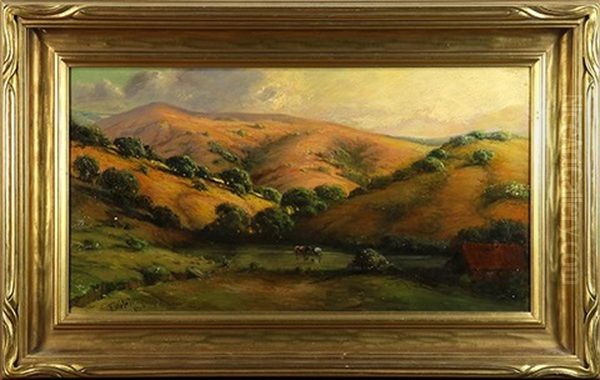 Cows In Pond, California Hills Oil Painting by Thaddeus Welch