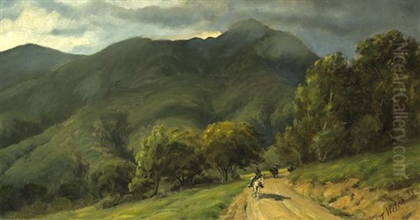 Riders On A Path Beneath Mount Tamalpais Oil Painting by Thaddeus Welch