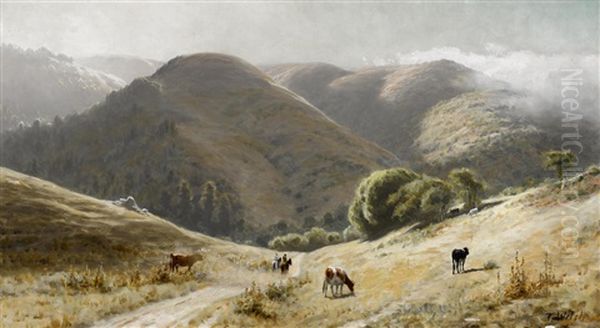 Riders And Cattle On A Marin Road Oil Painting by Thaddeus Welch