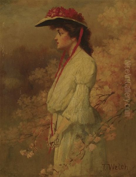 Victorian Woman Among Cherry Blossoms Oil Painting by Thaddeus Welch