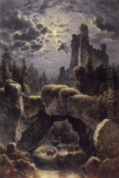 Rehwildrudel In Romantischer Mondnacht Oil Painting by Ernst Welker