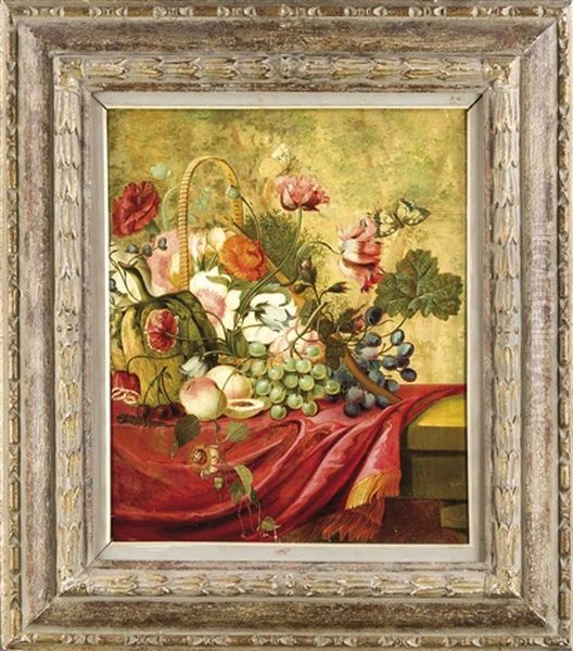 Blumenstillleben Mit Versch. Fruchten, Zwei Schmetterlingen U. Einer Raupe Oil Painting by David van Welle