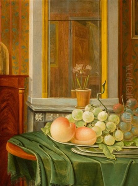 Still Life With Grapes And Apricots In An Interior Oil Painting by David van Welle