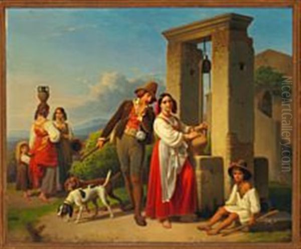 A Hunter Courting A Young Italian Woman At A Well Oil Painting by Theodor Leopold Weller