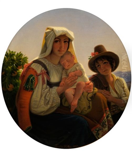 Italienische Mutter Mit Kleinkind Und Knaben In Landschaft Oil Painting by Theodor Leopold Weller