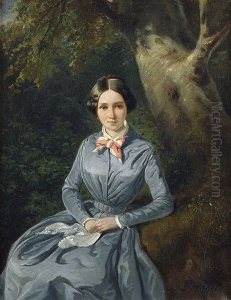 Bildnis Einer Jungen Frau Im Blauen Kleid, Vor Einem Baum Sitzend Oil Painting by Theodor Leopold Weller