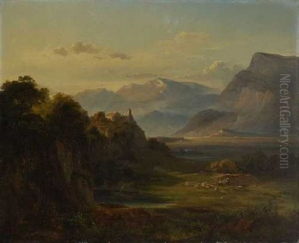 Blick In Ein Weites Gebirgstal Oil Painting by Theodor Leopold Weller