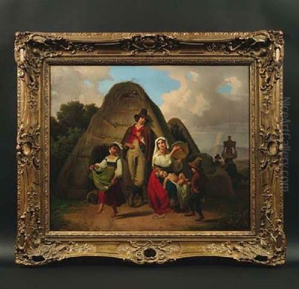 Sudlandische Hirtenfamilie Vor Einer Strohhutte Mit Tanzenden Kindern by Theodor Leopold Weller