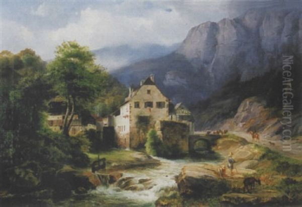 Landschaft Mit Muhle, Tier- Und Figurenstaffage Oil Painting by Theodor Leopold Weller