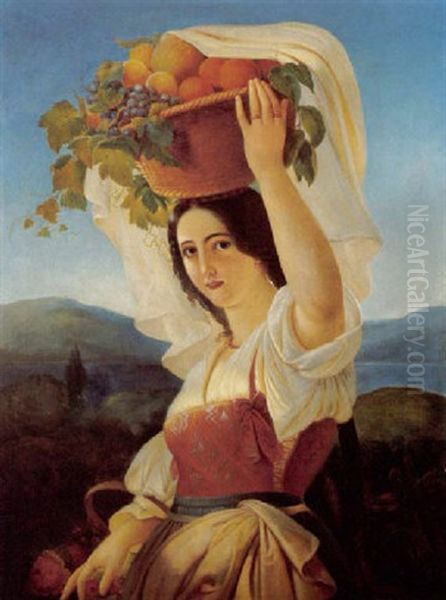 Junge Italienerin Mit Fruchtekorb Oil Painting by Theodor Leopold Weller