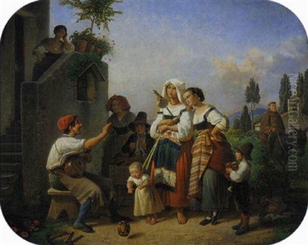 Ein Italienischer Schuhflicker Musizierend Vor Seinem Haus, Umringt Von Einheimischen Frauen Mit Ihren Kindern Oil Painting by Theodor Leopold Weller