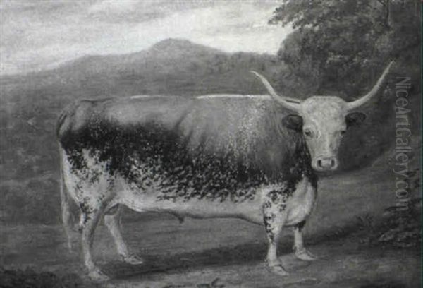 A Liver And White Longhorn Bull In A Landscape Oil Painting by E.F. Welles